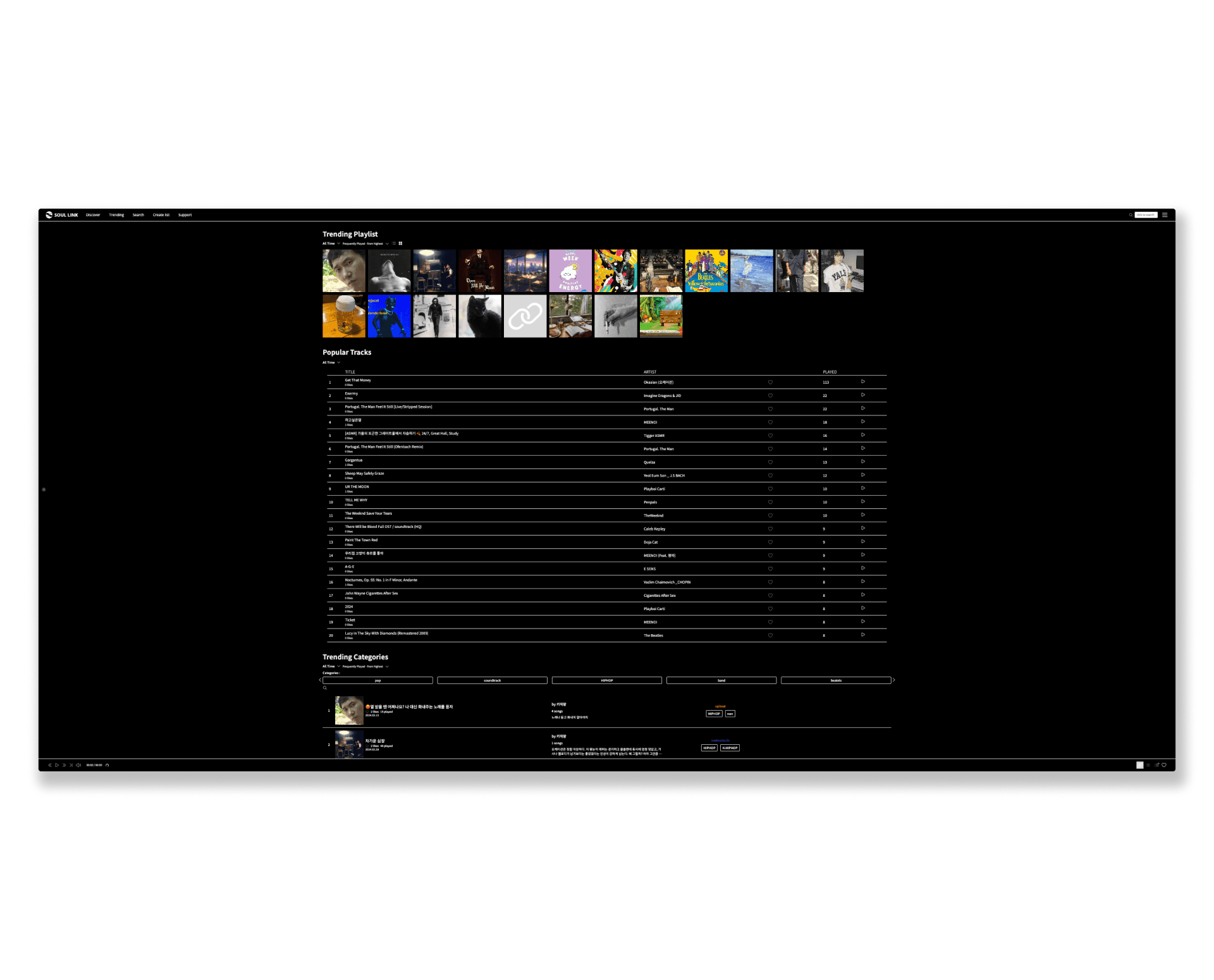 /images/soullink - trending.png_Trending - 사용자 재생 시간, 재생 횟수, 라이크 순의 랭킹 차트를 보여주는 페이지